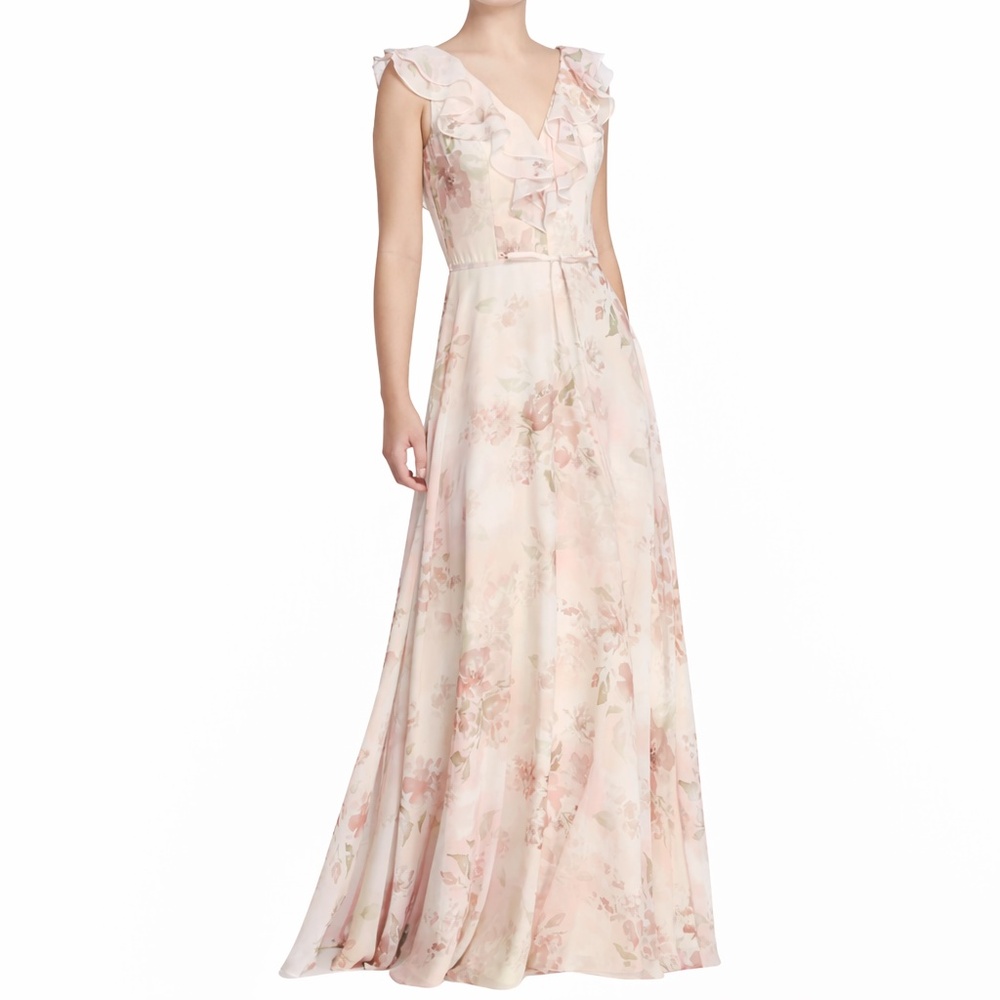 Marchesa Notte - Watercolor Floral Ruffle Neck Chiffon Gown